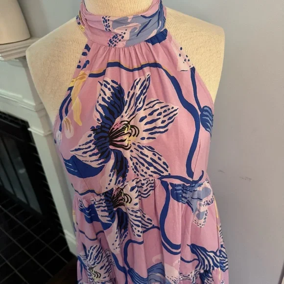 Anthro x Sarah Gordon tiered halter midi dress in lavender lilac blue floral - Picture 9 of 11